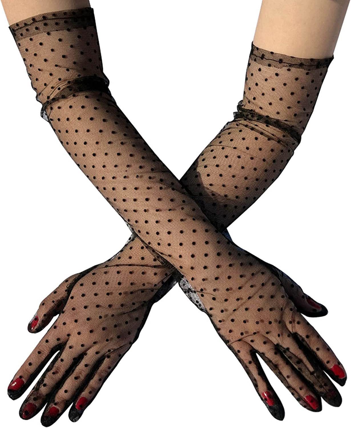 Ladies' Mesh Sleeve Cover Black Flying Polka Dot Tulle Gloves