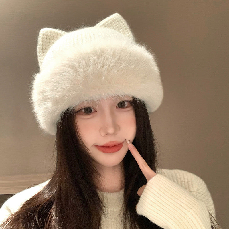 Cute Cat-Ear Knitted Wool Hat For Women In Winter
