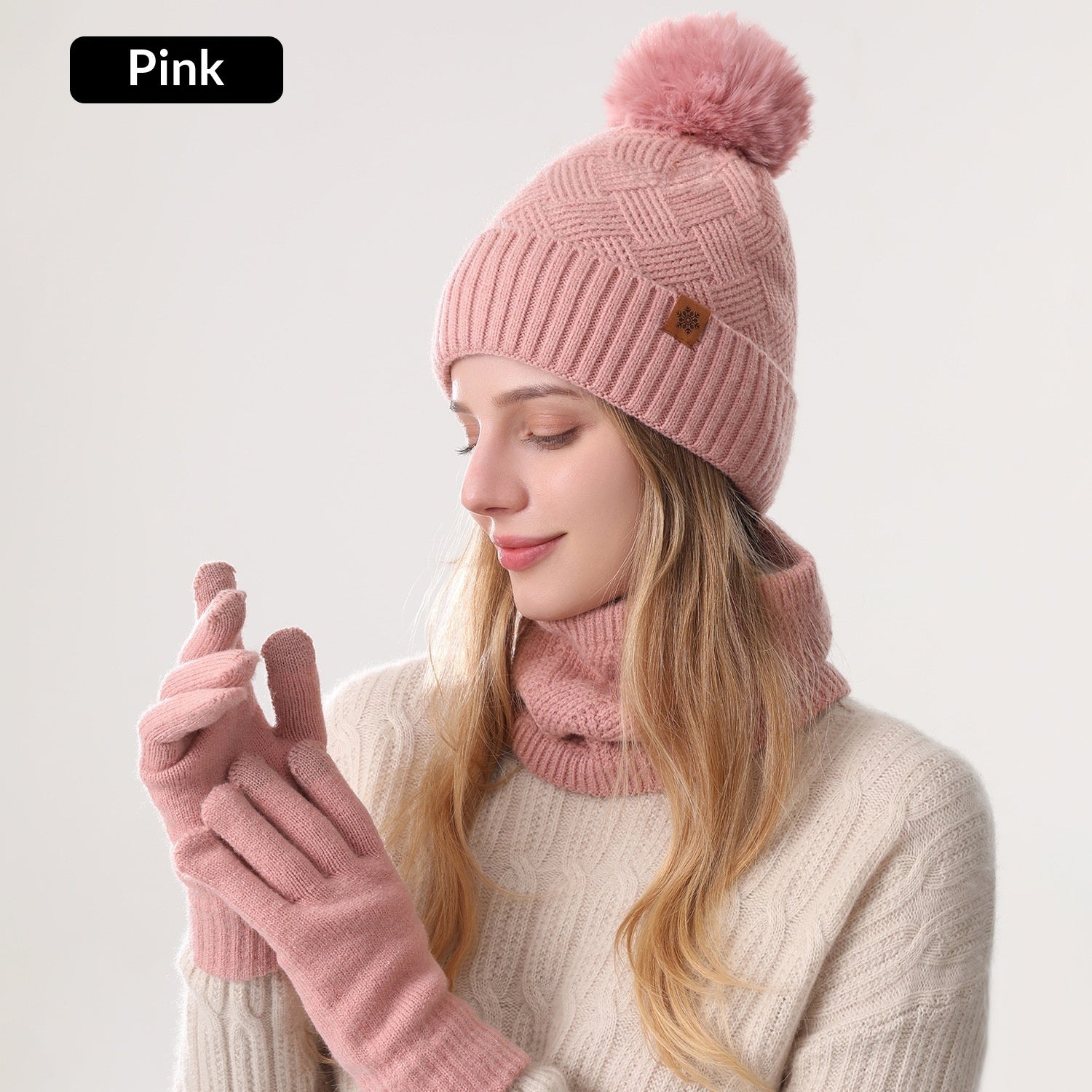 Ladies' Knitted Outdoor Warm Knitted Hat Scarf And Gloves Three-Piece Set