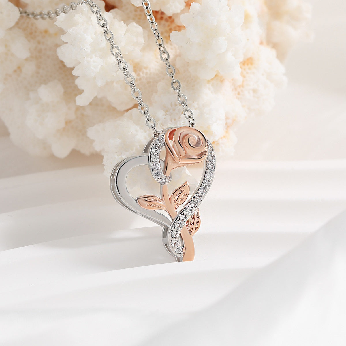 Diamond-encrusted  Intertwined Heart And Rose Flower Necklace