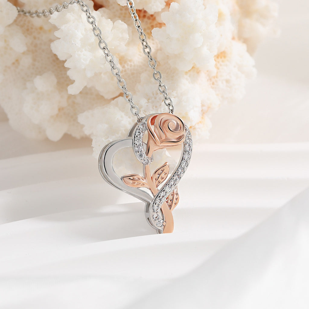 Diamond-encrusted  Intertwined Heart And Rose Flower Necklace