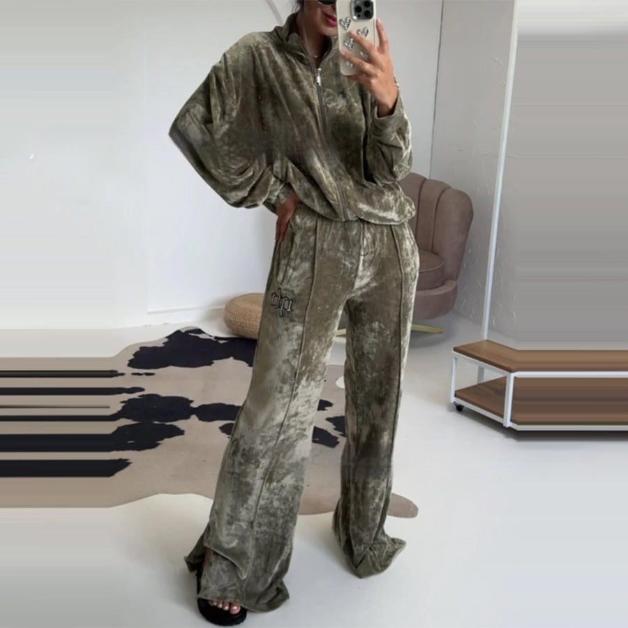 Fashionable New Women's Clothing Gold Velvet Hooded Top And Trousers Suit