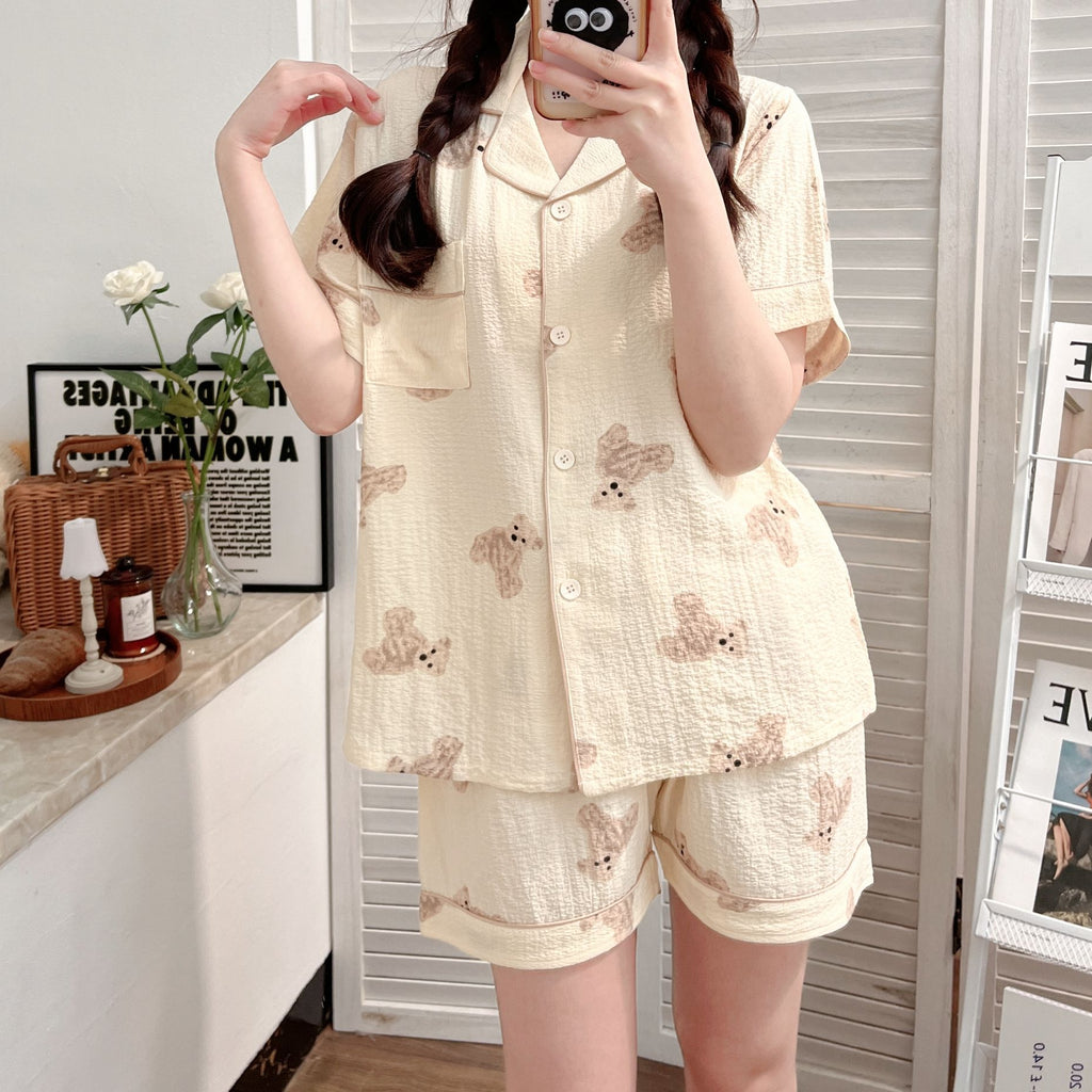 Summer Japanese Bubble Cotton Cute Orange Pajamas For Women