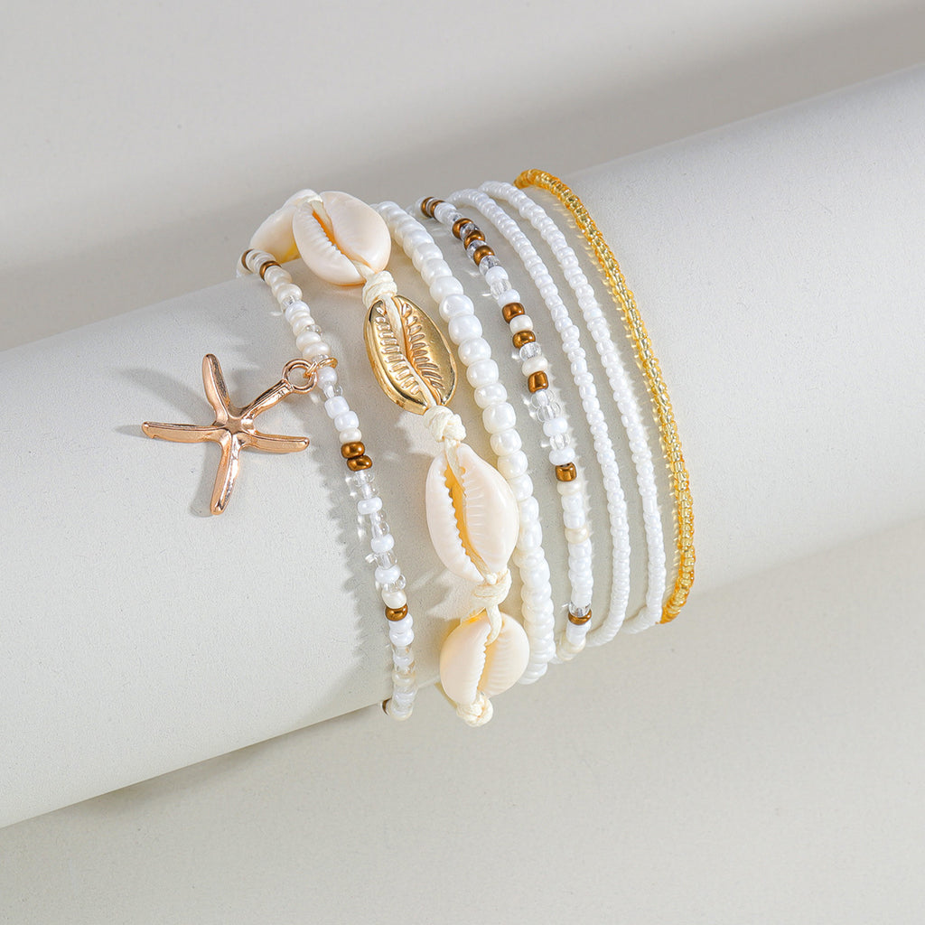 Starfish Pendant Shell Wax Thread Woven Rice Bead Elastic Women's Anklet 7-piece Set