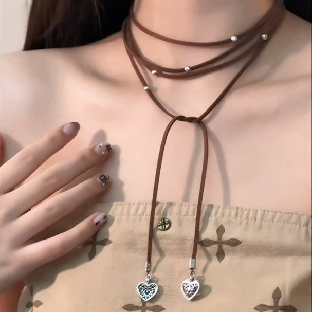 Yabi Accessories Bohemian Heart-Shaped Long Leather Rope Wrap Necklace