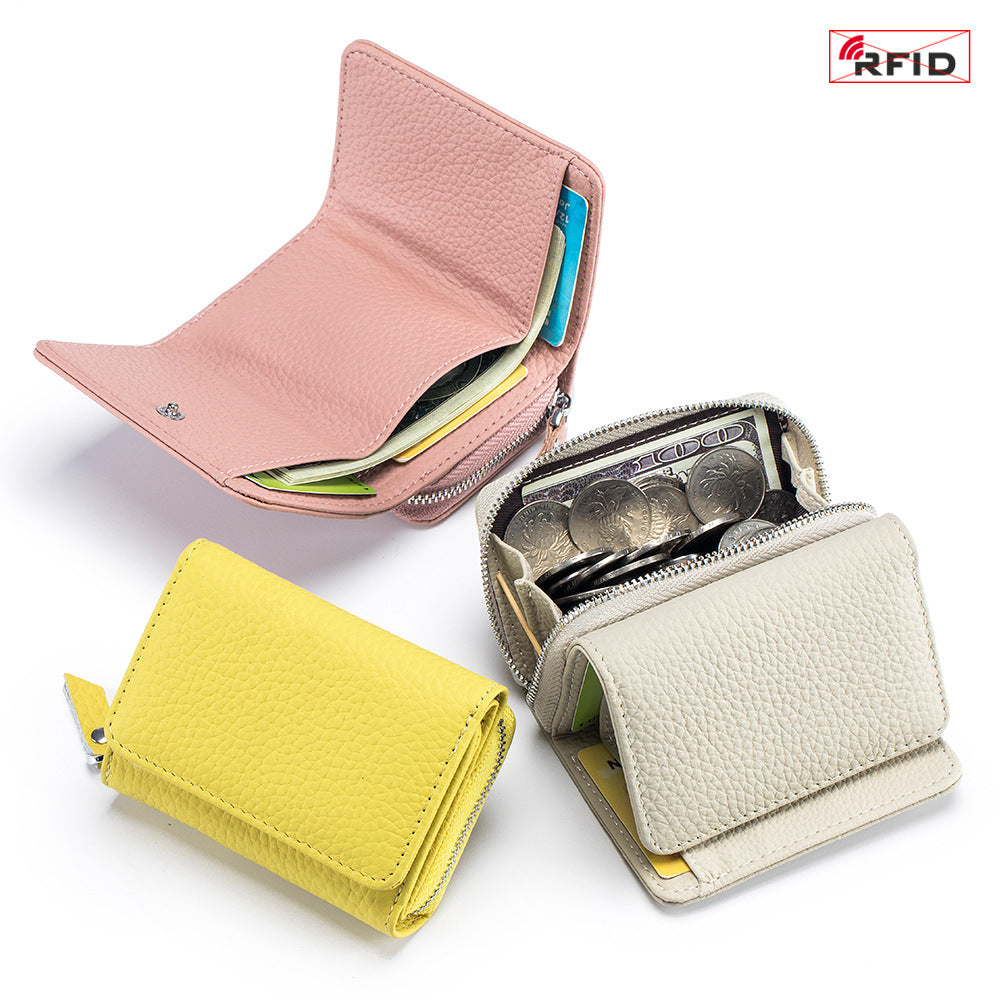 Women's Leather Tri-fold Mini RFID Wallet Large Capacity Storage Bag