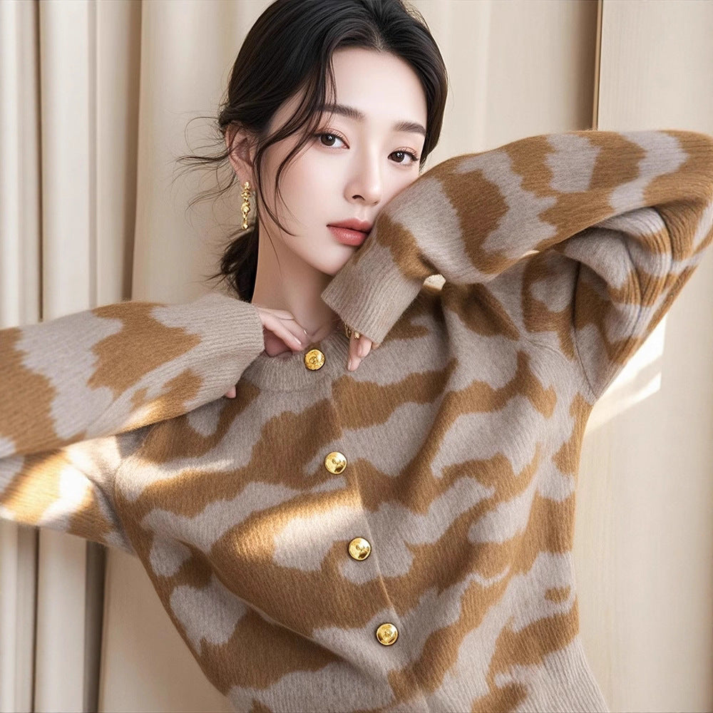 Autumn New Loose Leopard Print Knitted Cardigan Outer Wear Women's Soft Glutinous Sweater Coat