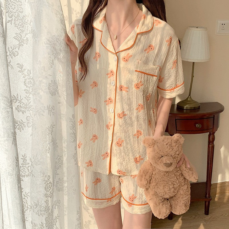 Summer Japanese Bubble Cotton Cute Orange Pajamas For Women