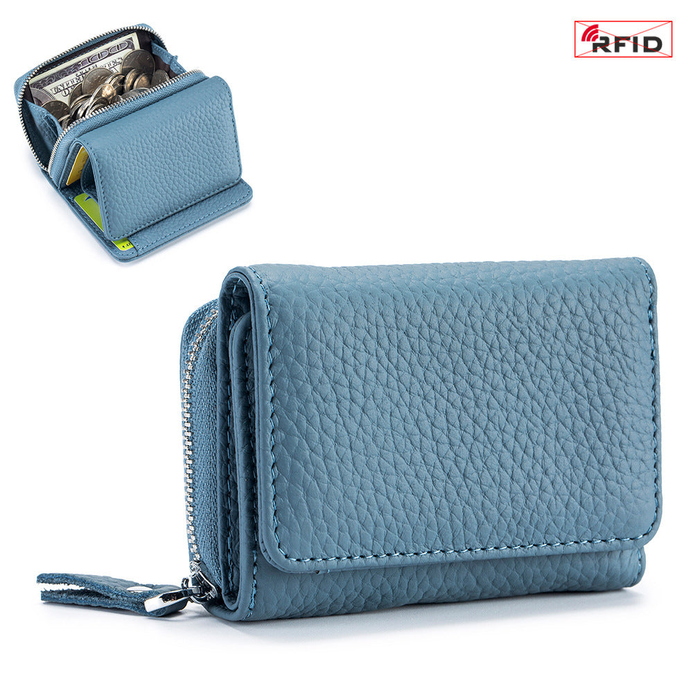 Women's Leather Tri-fold Mini RFID Wallet Large Capacity Storage Bag