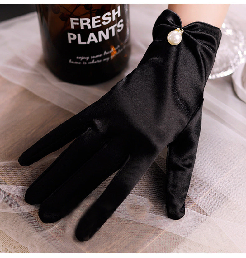 Black Satin Short Pearl Gloves