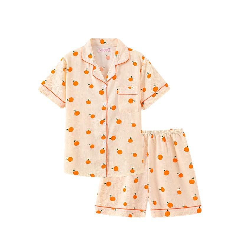 Summer Japanese Bubble Cotton Cute Orange Pajamas For Women