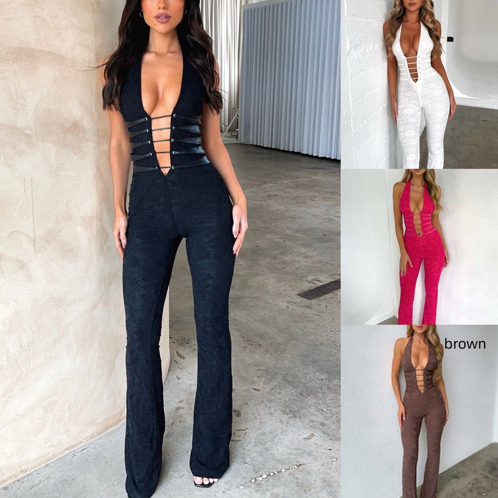 Lash Rope Lace Up Slim Fit Jumpsuit See-through Lace