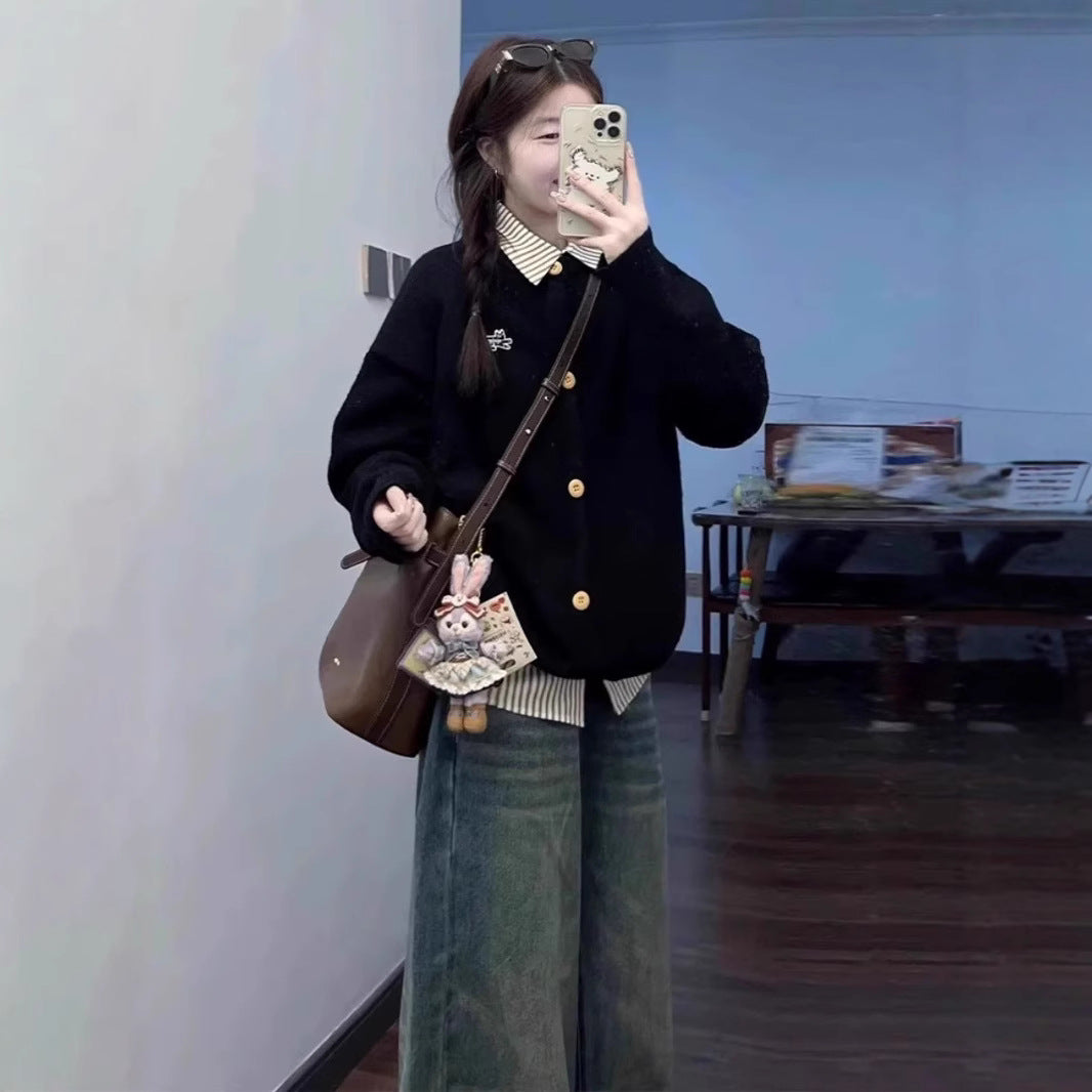 Korean Style Fake Two-piece College Style Shirt Collar Sweater Women's Coat