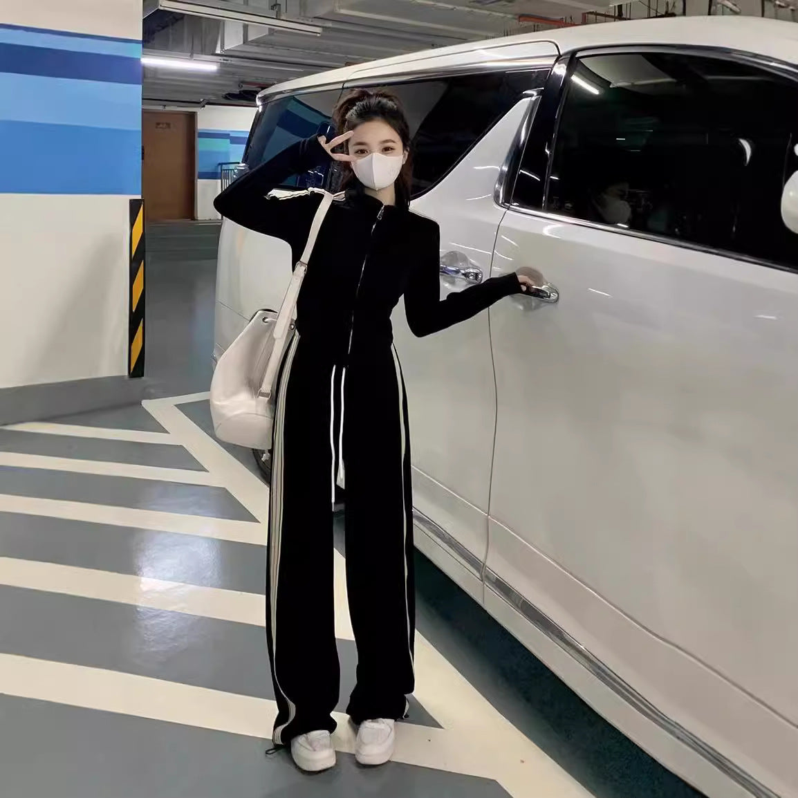 Plus Size Leisure Sports Suit Female Black Slimming Coat High Waist Slimming Pants