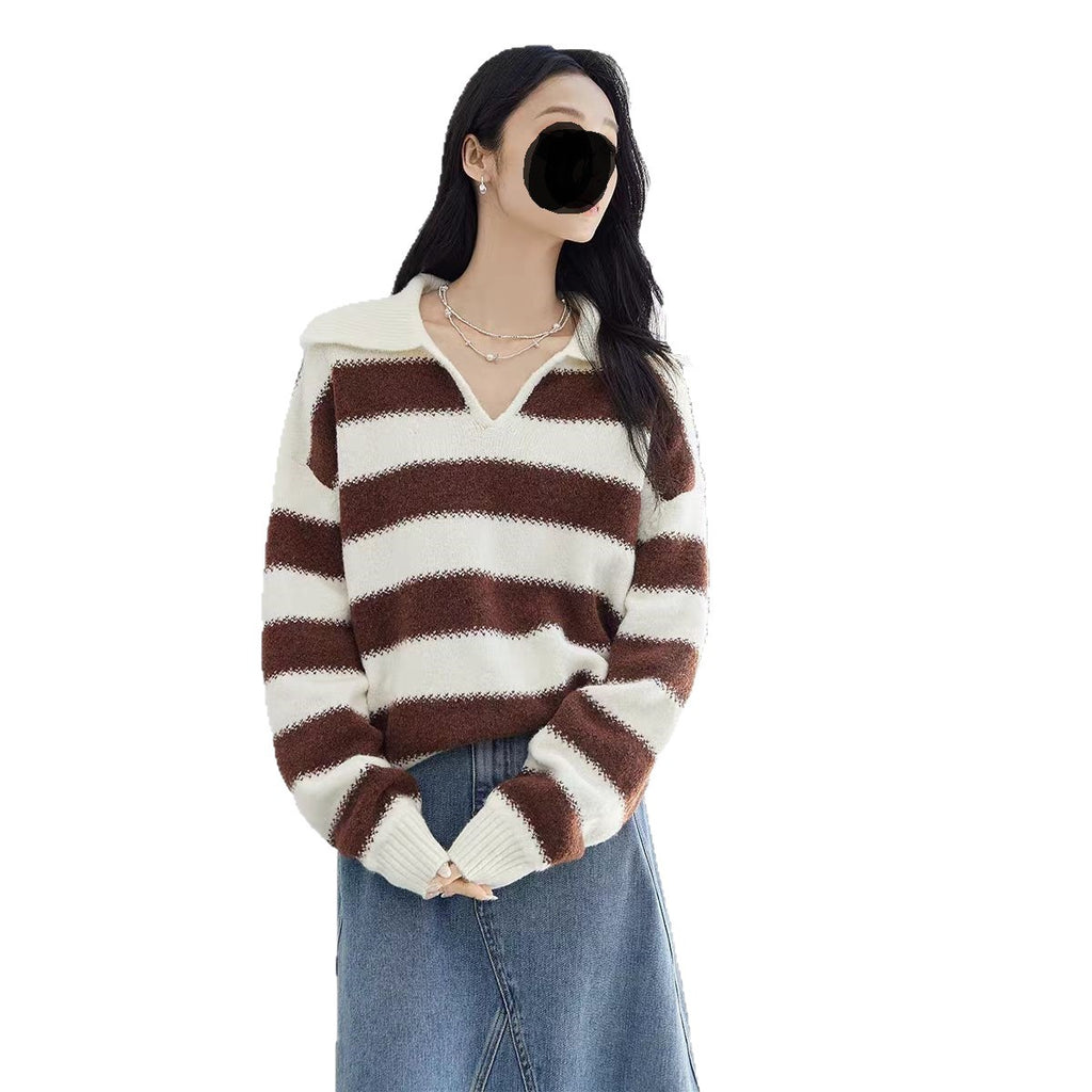 New Contrast Color Women's Loose Casual College Style Outerwear Sweater