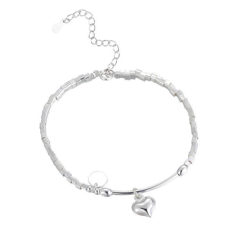 S925 Sterling Silver Square Charm Bracelet With Round Discs And Heart Pendants