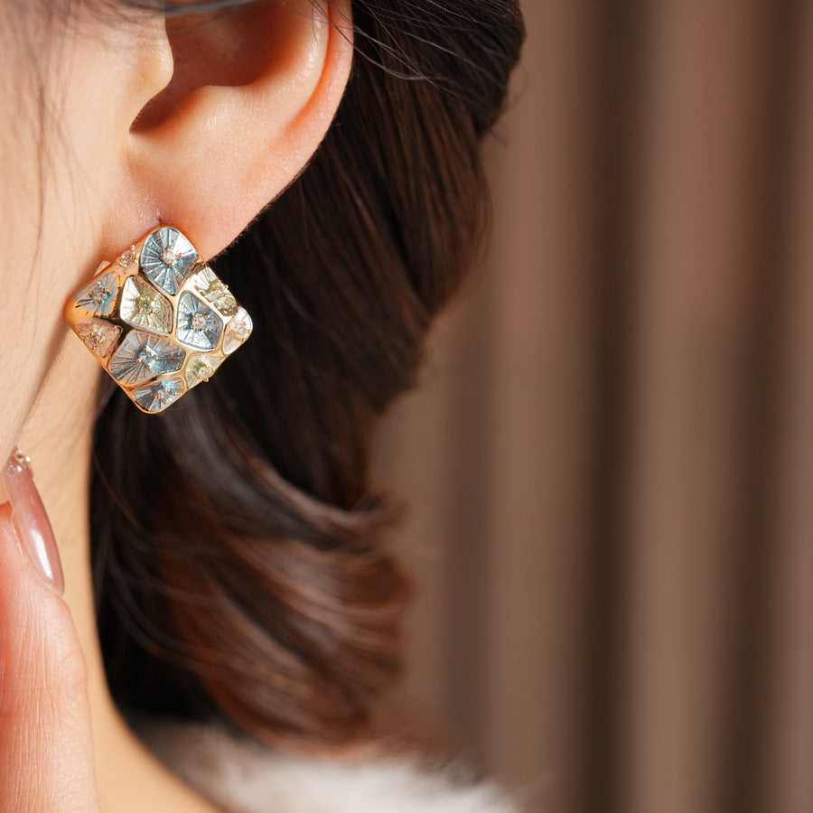 Vintage Enamel Square Stud Earrings With Zircon Color Block Floral Design Sterling Silver Post Elegant Earrings For Women