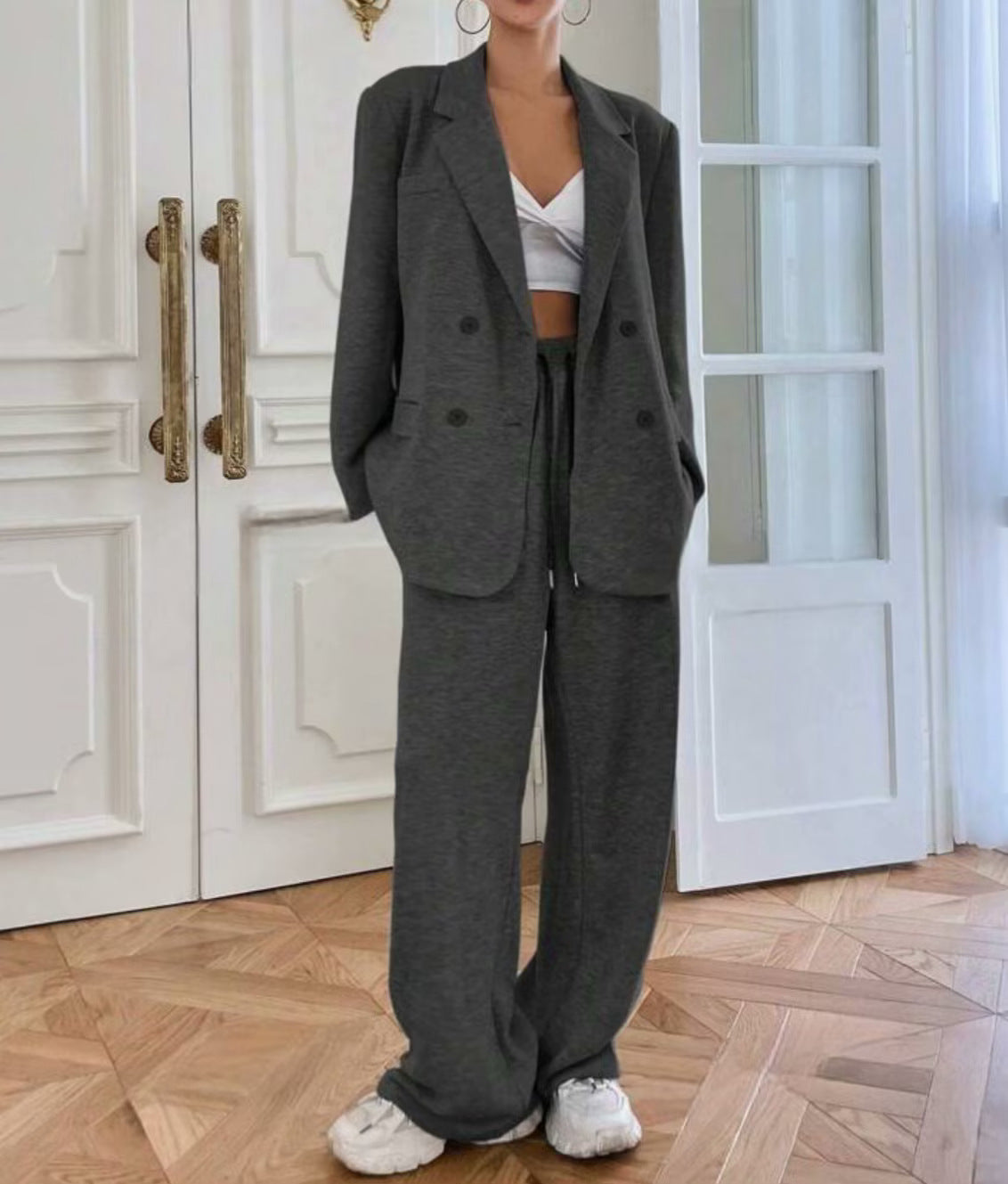 Women's Solid Color Loose Fit Lapel Cardigan Suit Casual