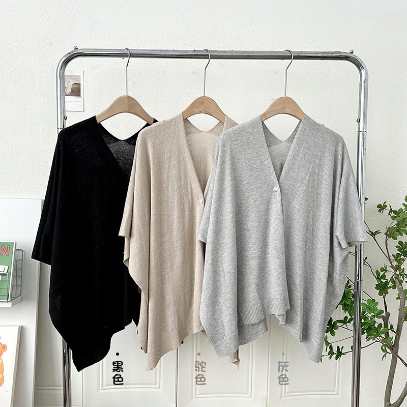 Summer Thin Solid Color Knitted Cardigan With Buckle All-match Cloak Waistcoat