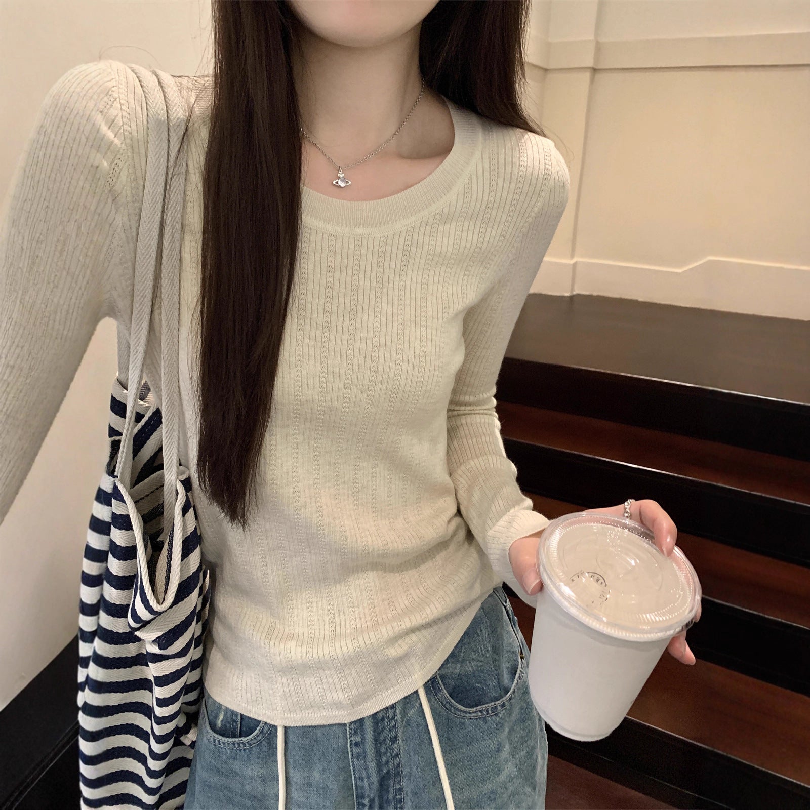 Pattern Round Neck Long Sleeve Sweater