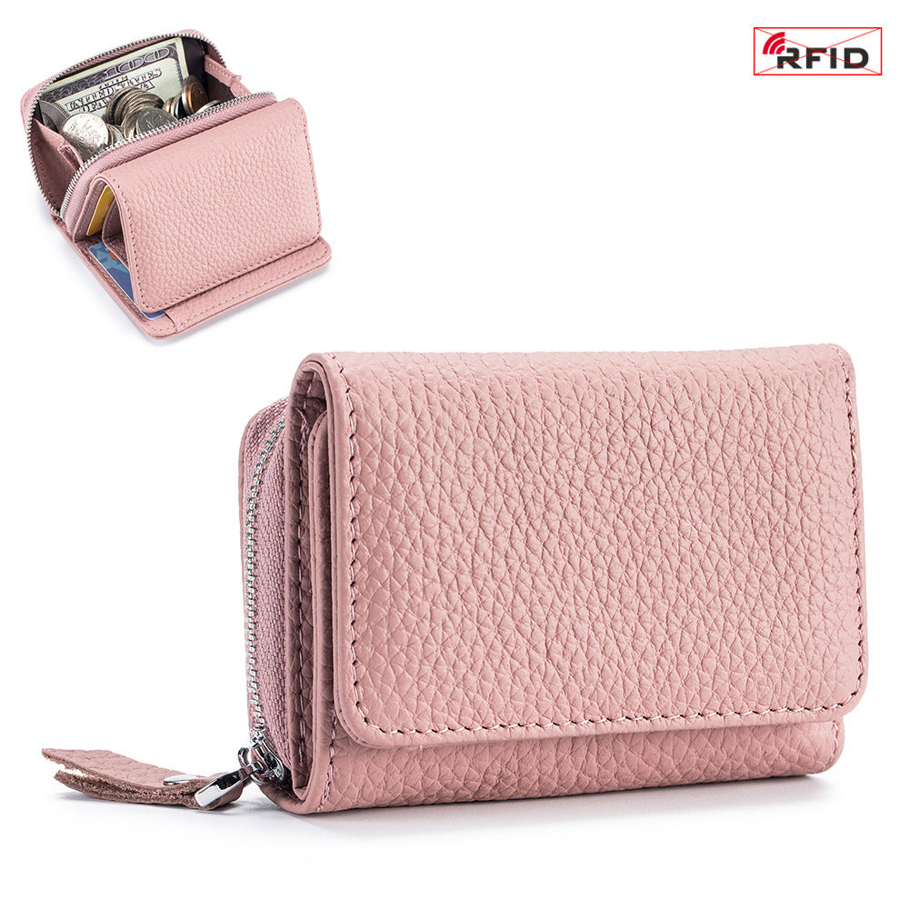 Women's Leather Tri-fold Mini RFID Wallet Large Capacity Storage Bag