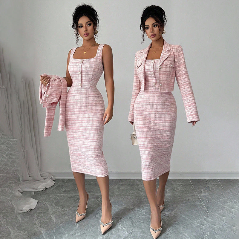 Women's Clothing Skirts Suit Lapel Long Sleeve Short Plaid Jacket