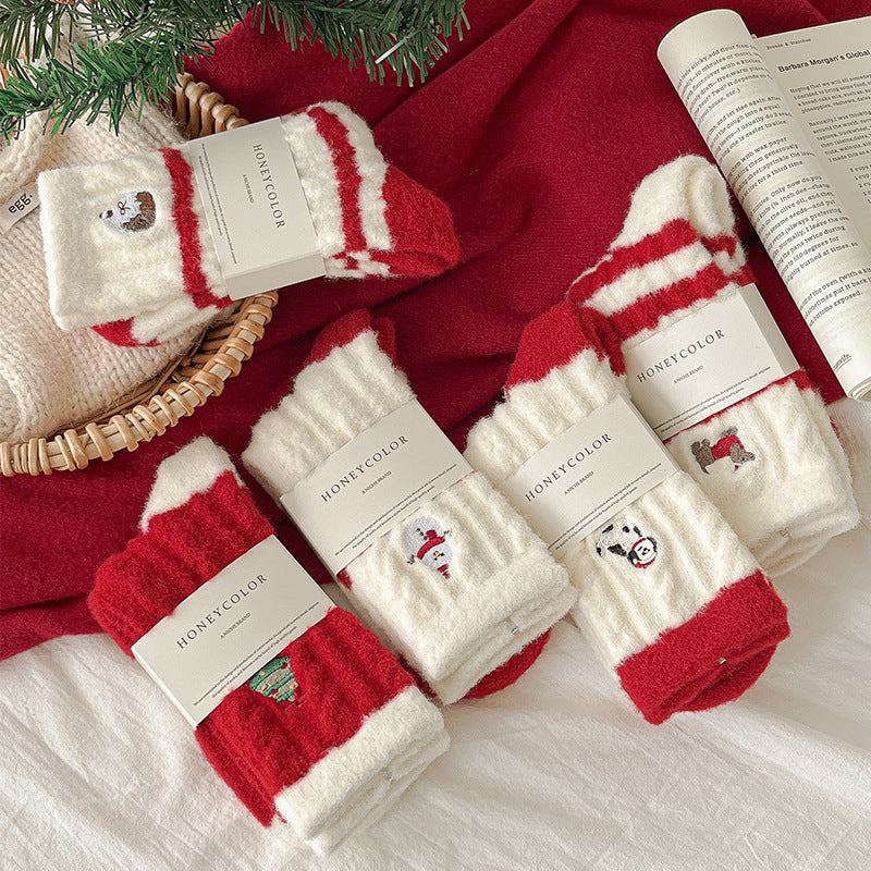 New Christmas Stockings Women's Cartoon Embroidered Snowman Middle Tube