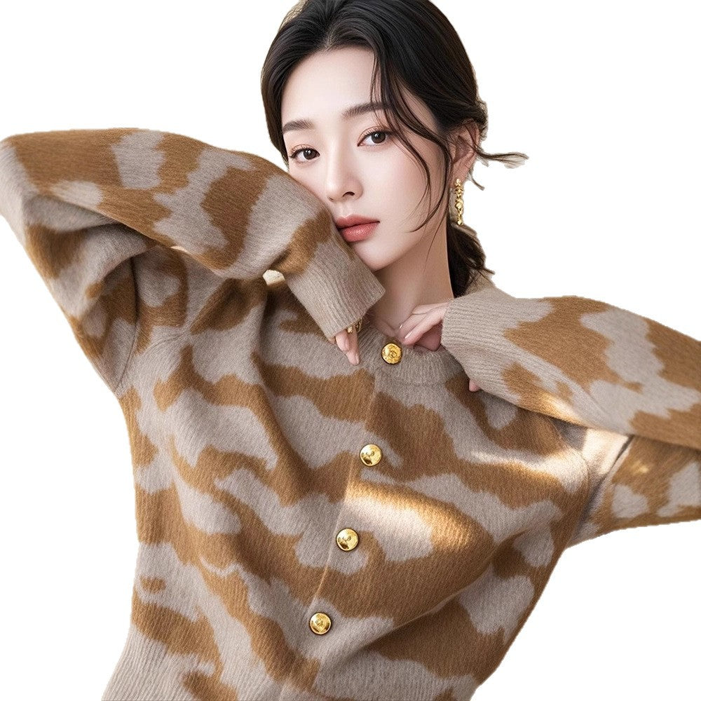 Autumn New Loose Leopard Print Knitted Cardigan Outer Wear Women's Soft Glutinous Sweater Coat