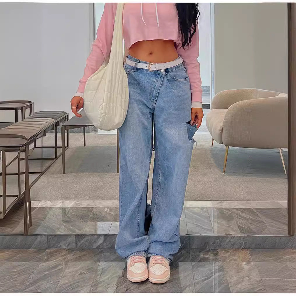 Fashionable Oblique Waist Low Waist Loose Hole Jeans For Women
