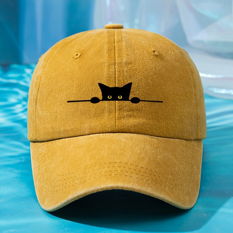 Cat-embroidered Pre-washed Baseball Capversatile Stylish Adjustable And Offers Sun Protection