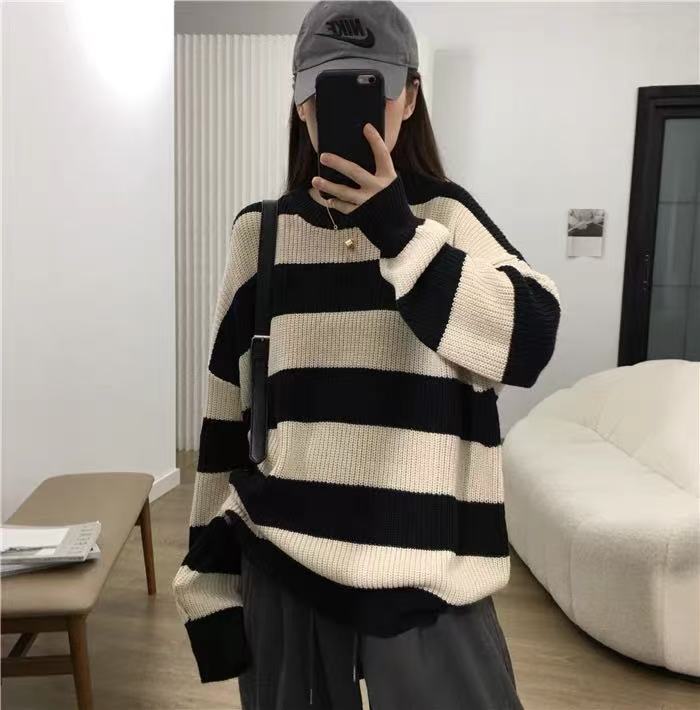 Early Autumn Loose And Lazy Style Striped Sweater For Women