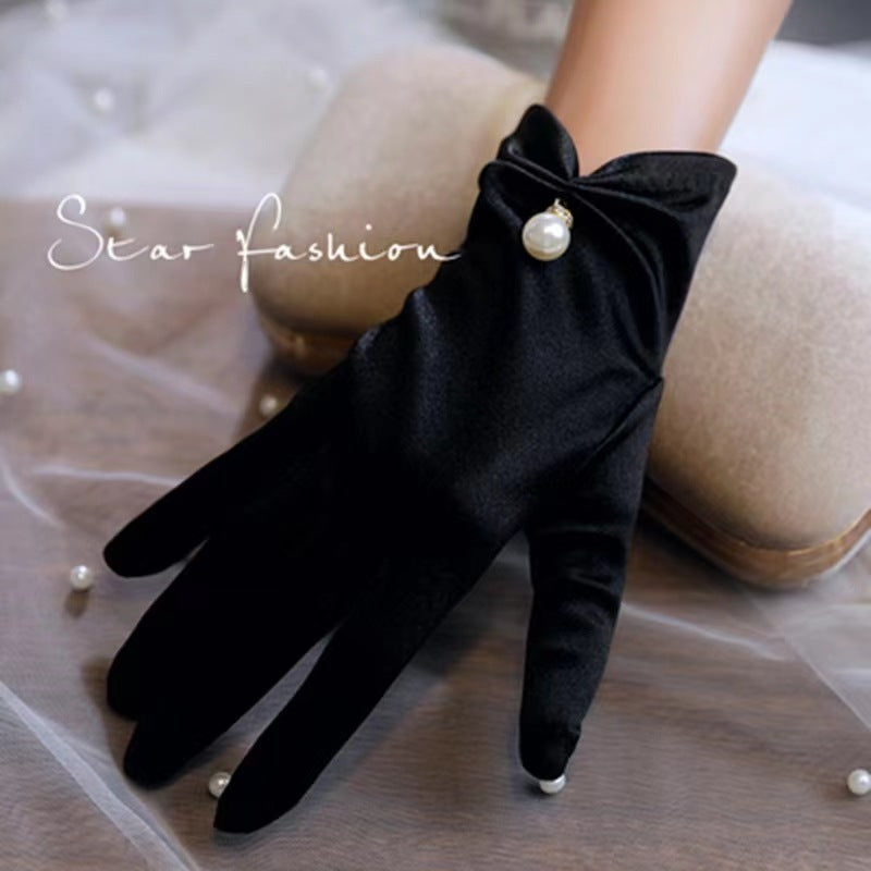 Black Satin Short Pearl Gloves
