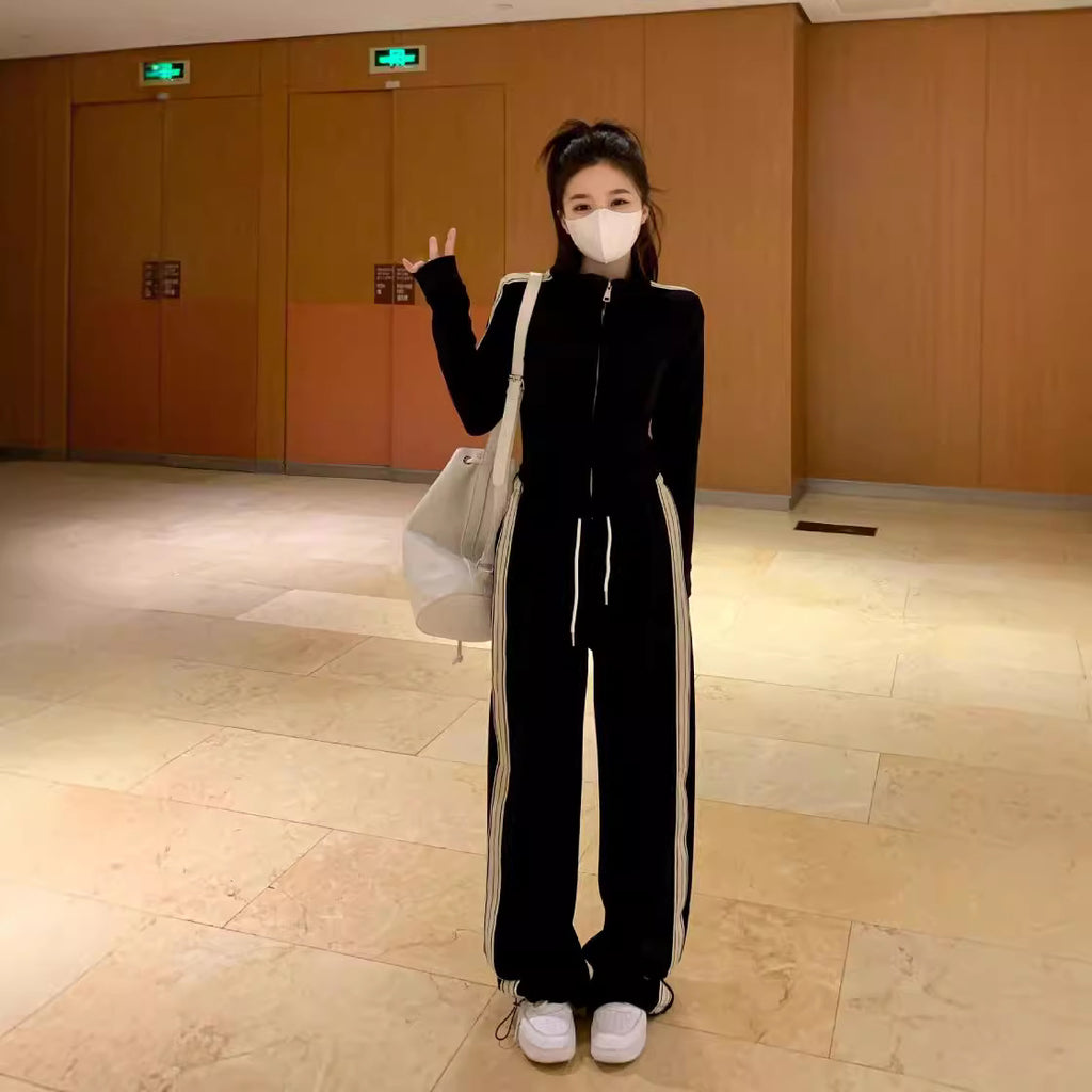 Plus Size Leisure Sports Suit Female Black Slimming Coat High Waist Slimming Pants