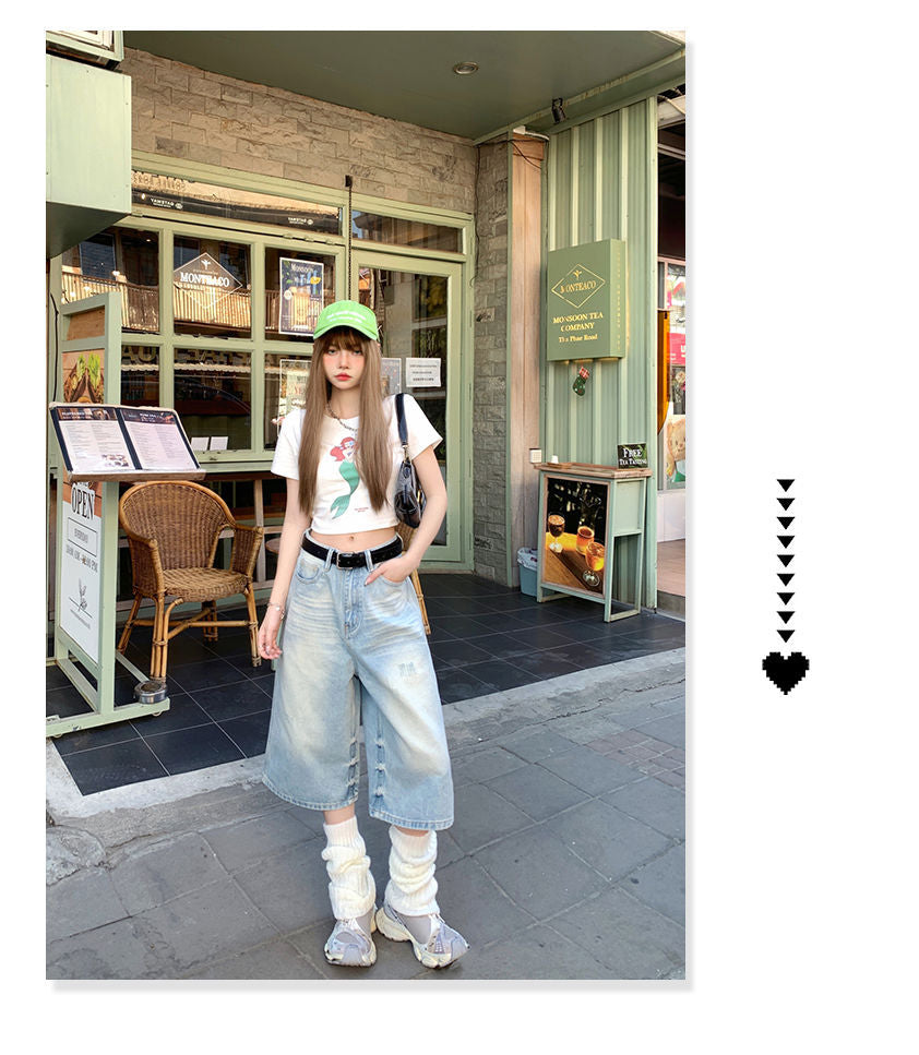 Women's Washed Light-colored Loose Wide-leg Cropped Denim Shorts