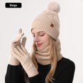 Ladies' Knitted Outdoor Warm Knitted Hat Scarf And Gloves Three-Piece Set