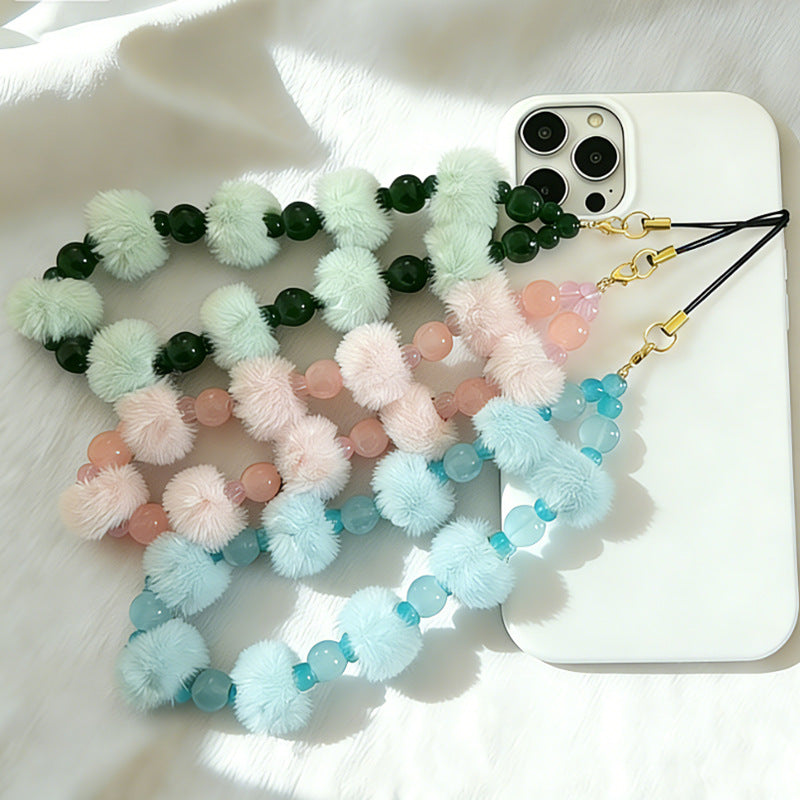 Fuzzy Ball Crystal Bead Phone Chain Key Charm