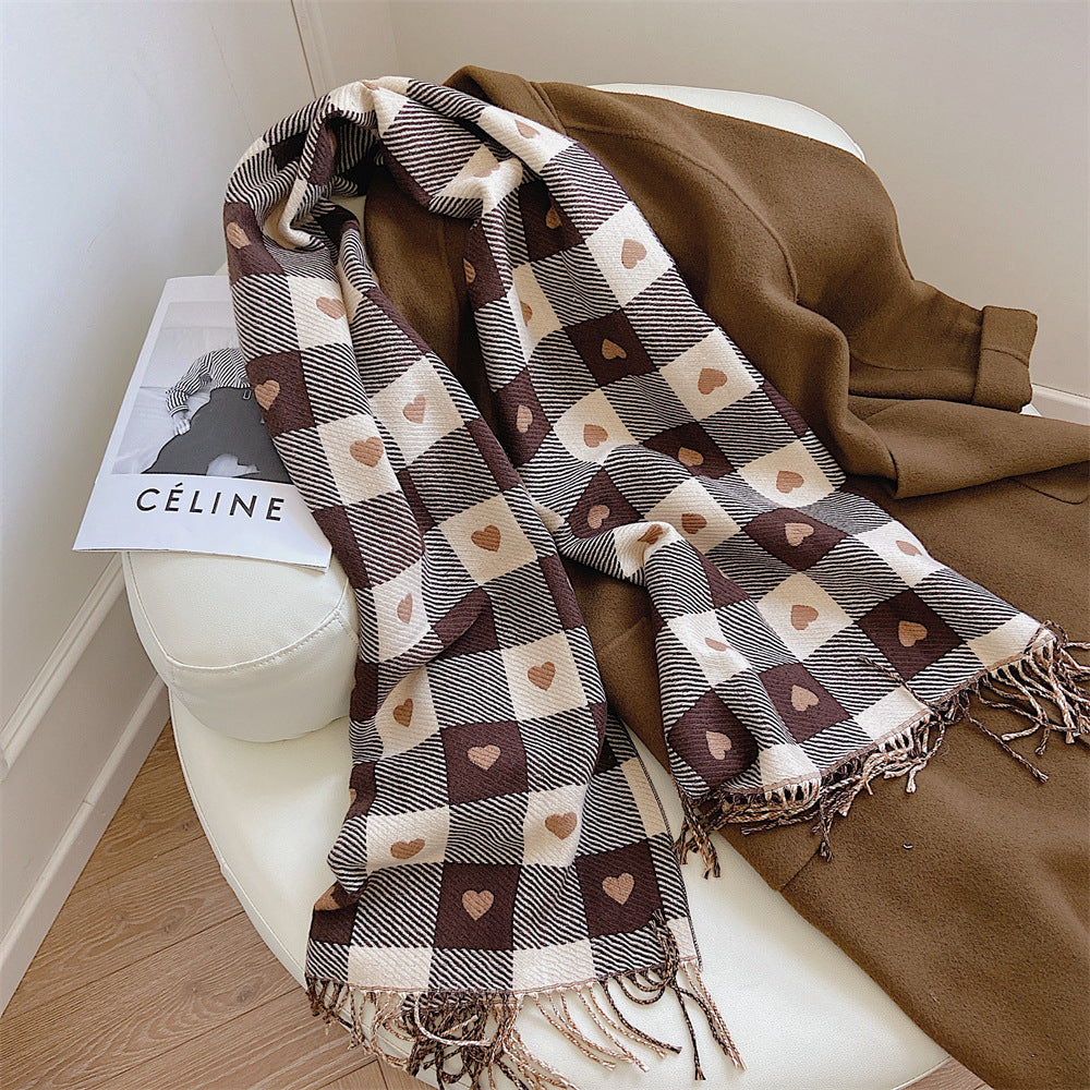 Artificial Cashmere Scarf Female With Hearts Thick Checks Fringe Bib