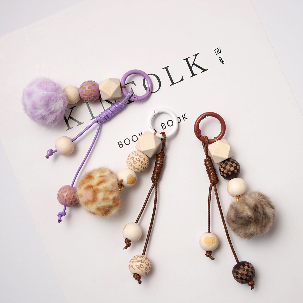Wooden Bead Pompom Keychain Sweet Bag Charm