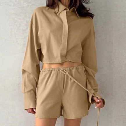 Autumn Fashion Casual Cotton Linen Split Long Sleeve Hot Pants Suit