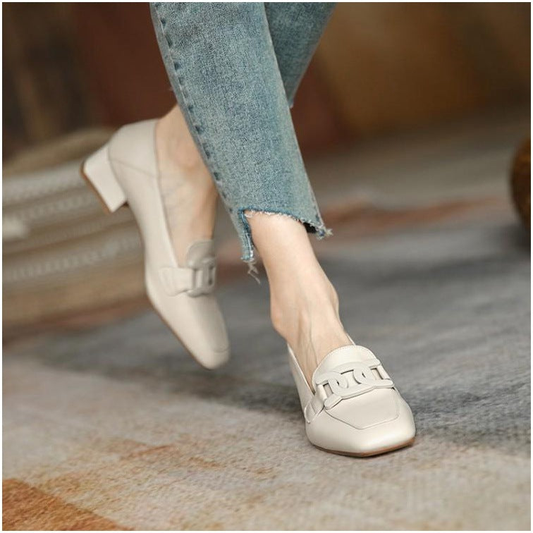British Style Chunky Heel Pumps One Pedal Loafer Women's Mid Heel