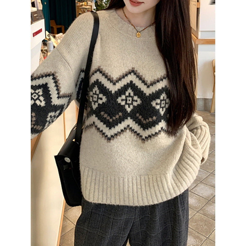 Retro Crew Neck Soft Glutinous Sweater For Women