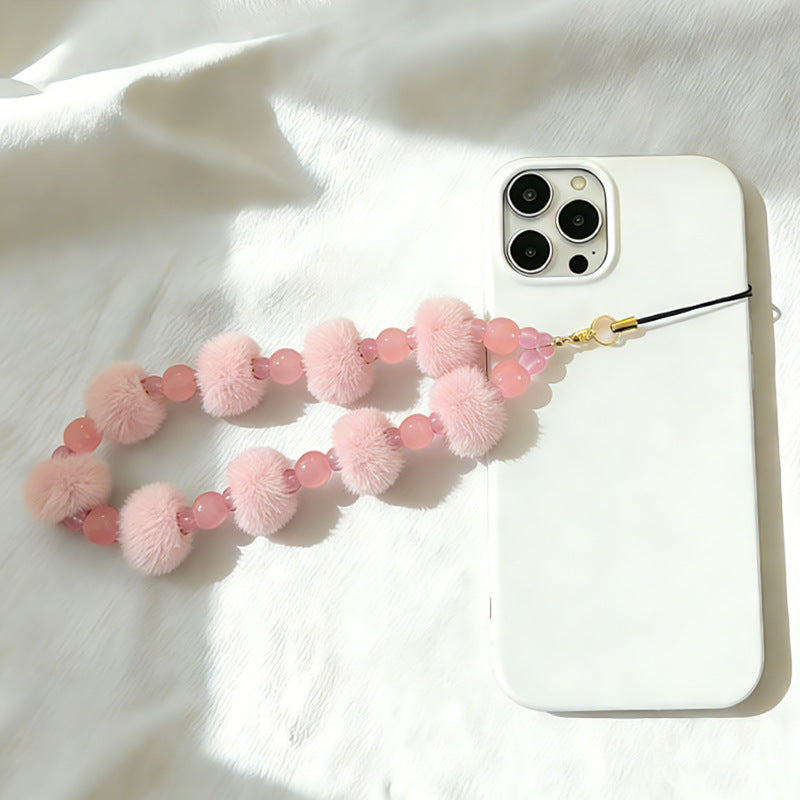 Fuzzy Ball Crystal Bead Phone Chain Key Charm