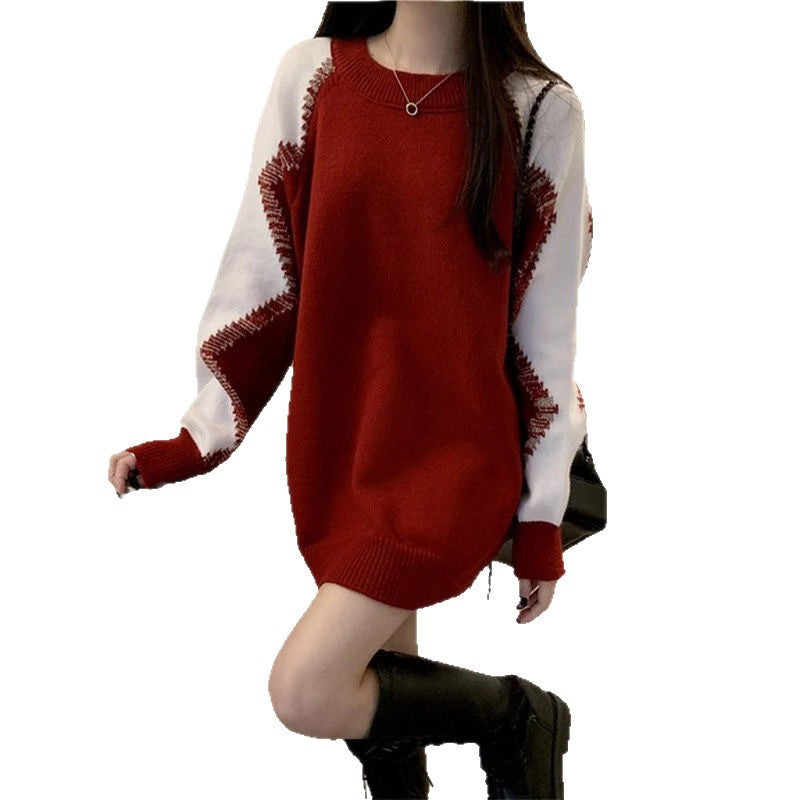 Versatile Red Loose-fitting Sweater New Design Slimming Contrast Color