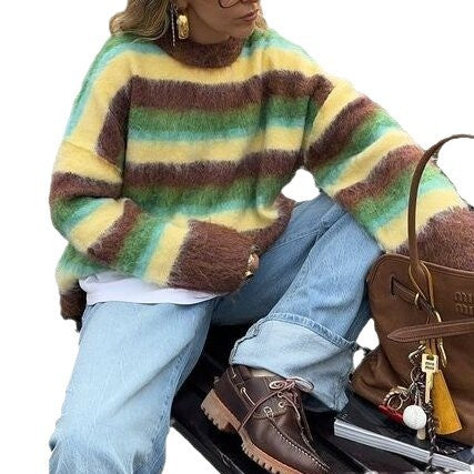 Women's New Color Round Neck Striped Knitted Sweater Fashion Loose