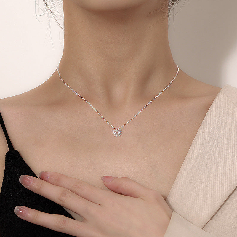 Dreamy Girl Bow Necklace With Light Luxury Sparkling Diamonds