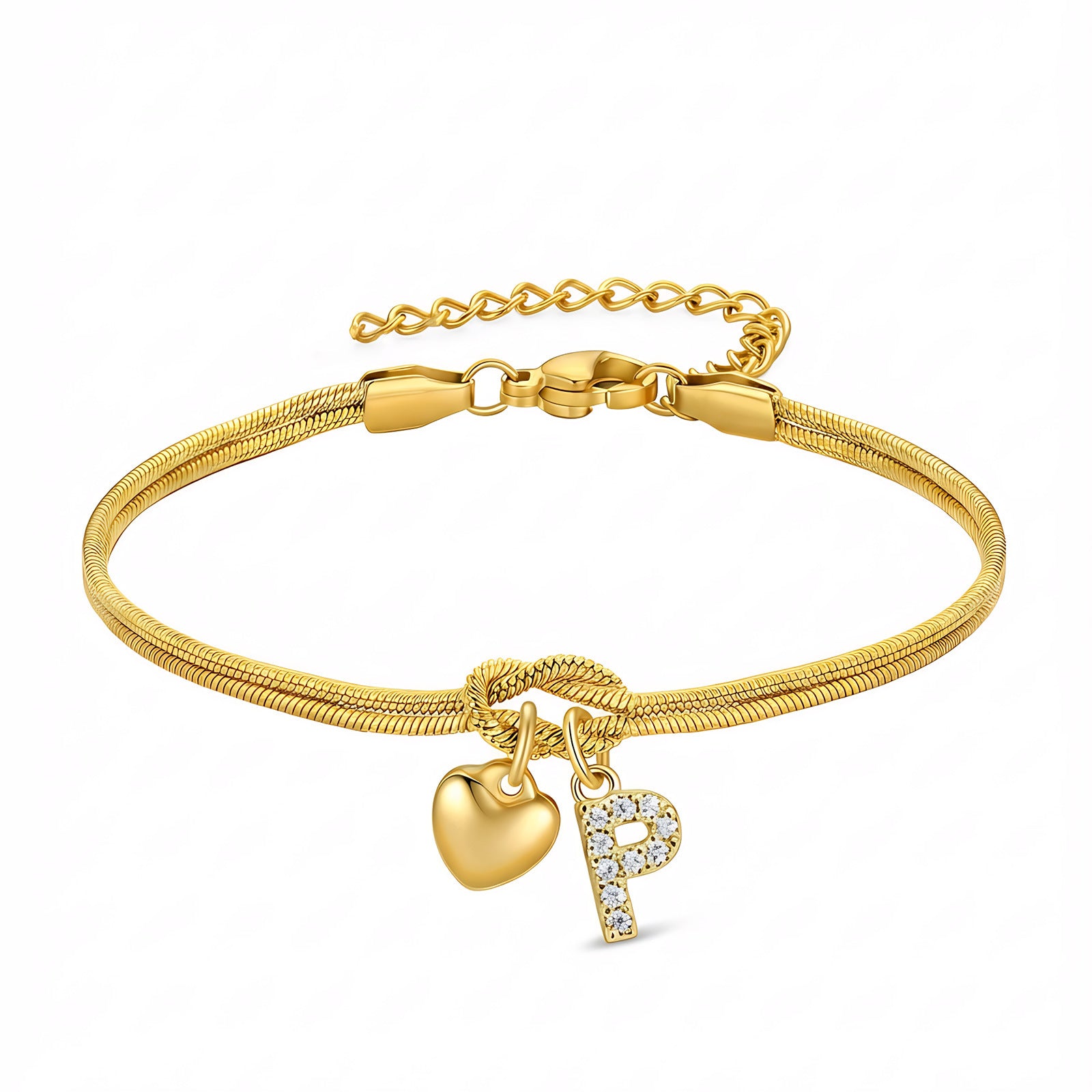 Diamond-Encrusted 26-Letter Heart Pendant Bracelet