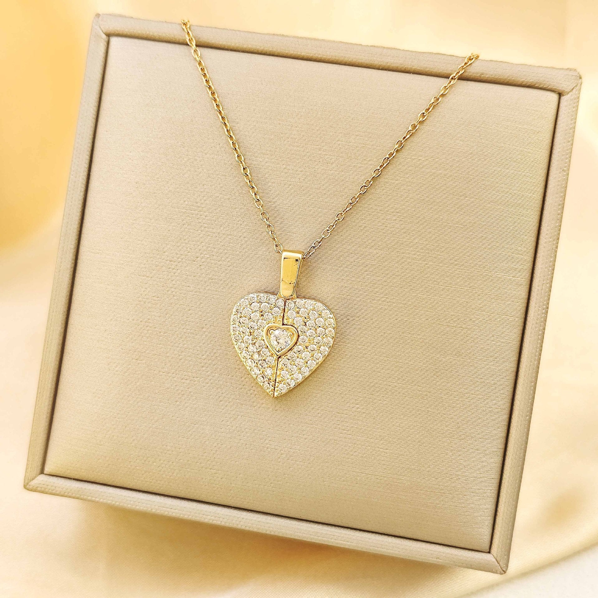 Full Crystal Hinged Heart Necklace Colorfast Titanium Steel Accessory