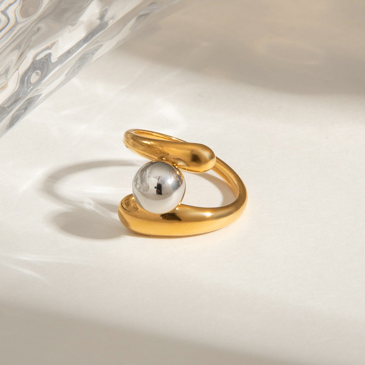 Women's Minimalist Open Ring, Interlocking Bead Design, Two-Tone Gold-Plated Stainless Steel Ring, Versatile Daily & Formal Jewelry