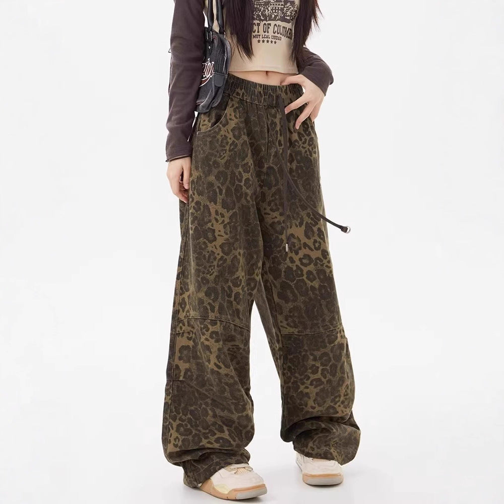 Leopard Print Women's Design Elastic Waist Loose Wide Leg Pants