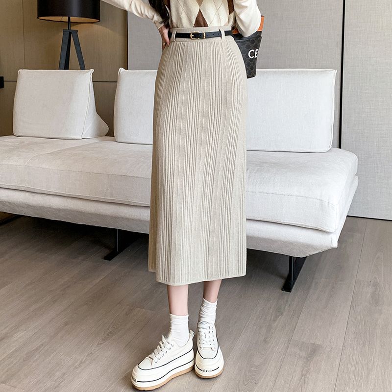 French Stripe Slit Knitted High Waist Sheath Straight Skirt